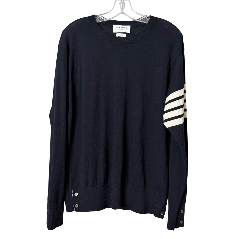 Thom Browne Sweater Mens XL 4 Navy Blue 4 Bar Stripe Merino Wool Quiet Luxury